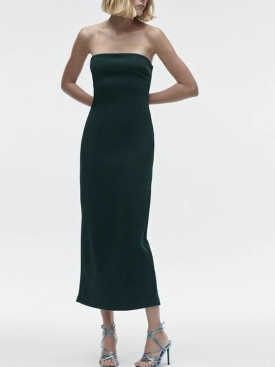 Zara Dresses & Skirts - NWOT ZARA Strapless Dark Green Column Midi Dress W/Sleek Lines and Fitted